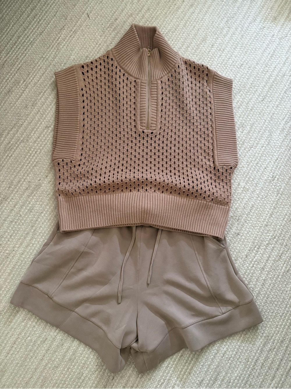 SET: Varley Sleeveless Knit Zip Mock Neck Top & DoubleSoft Shorts